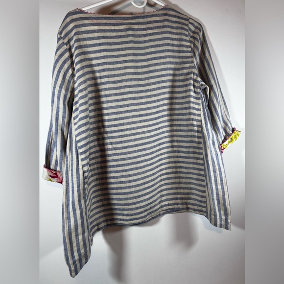 J Jill Shirt Womens Medium Petite Blue Stripes Linen Embroidery Floral Top - Picture 8 of 12